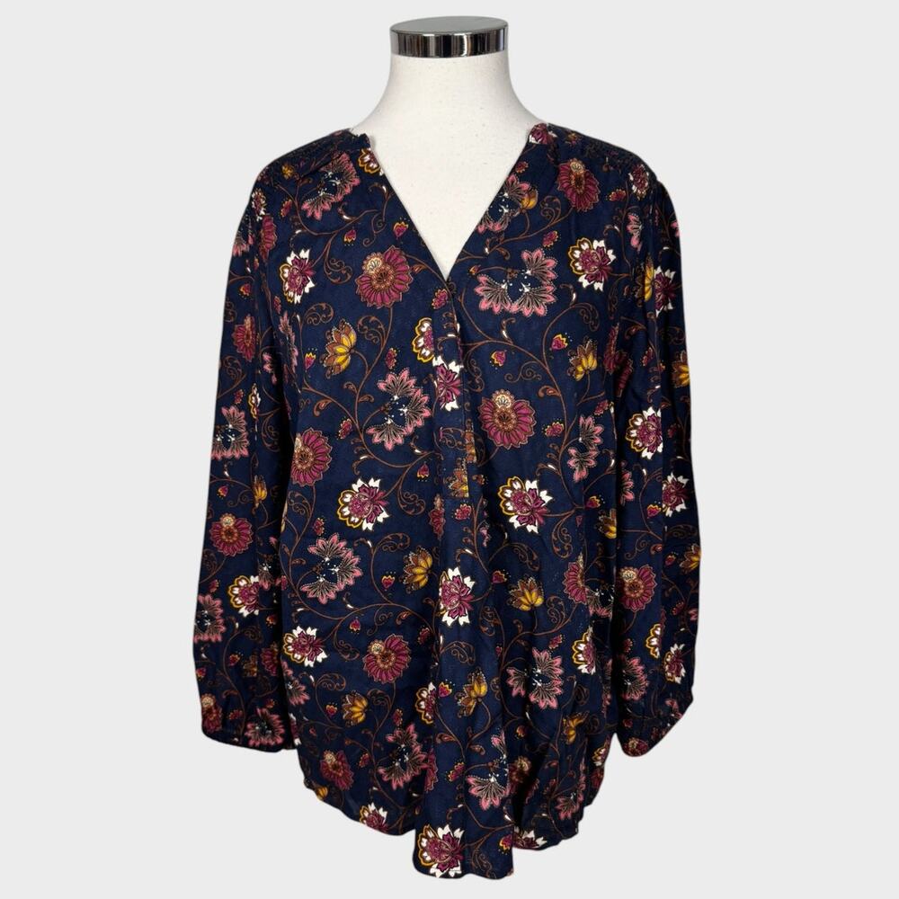 Falls Creek Large V Neck Blue Pink Yellow Floral 3/4 Sleeve Rayon Blouse